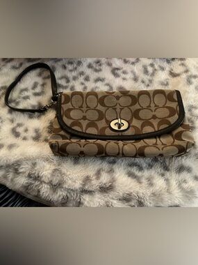 Coach Brown Signature Canvas Turnlock Clutch Wristlet